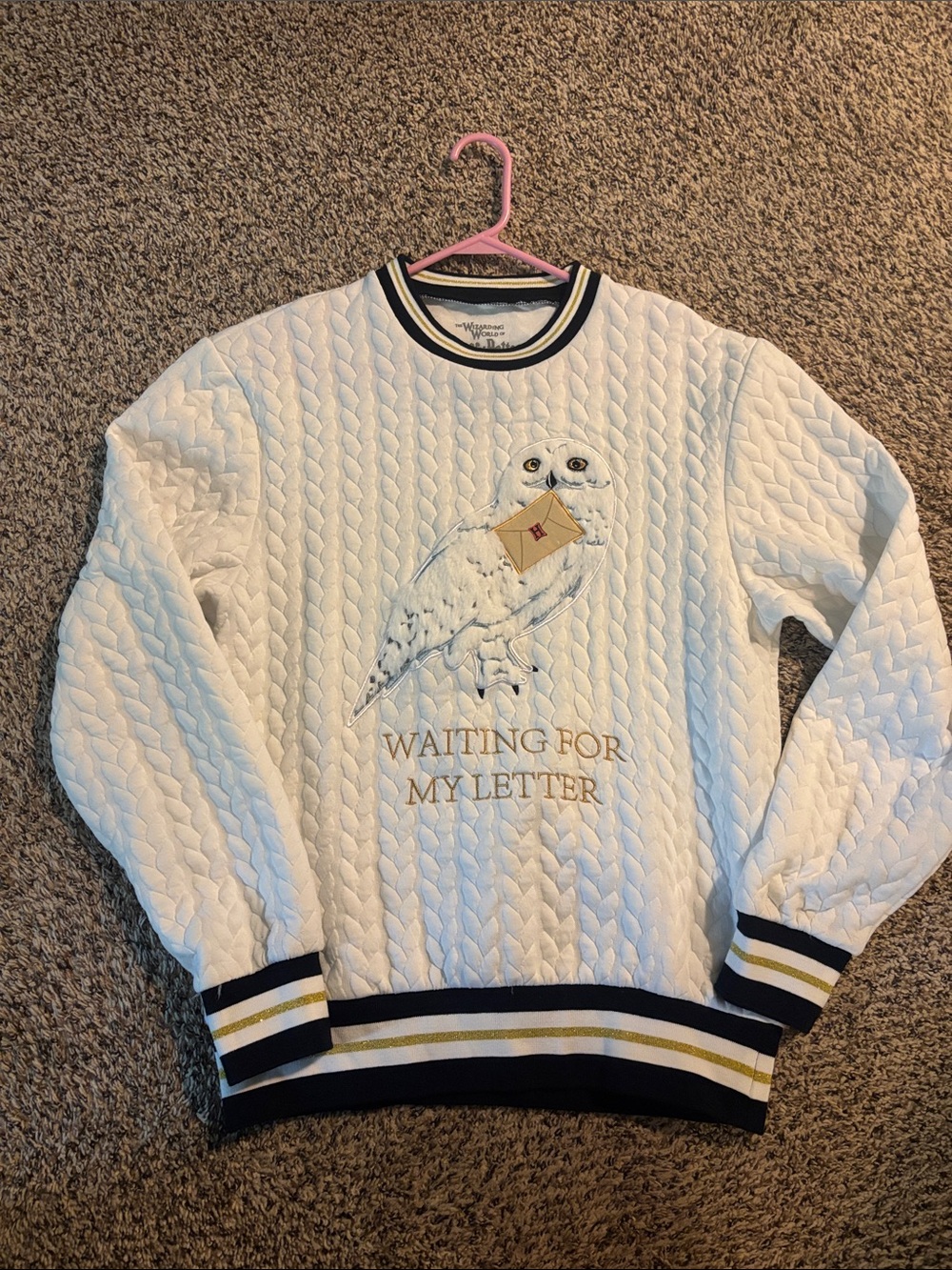 Waiting For My Letter White Quilted Sweater with Owl Embroidery